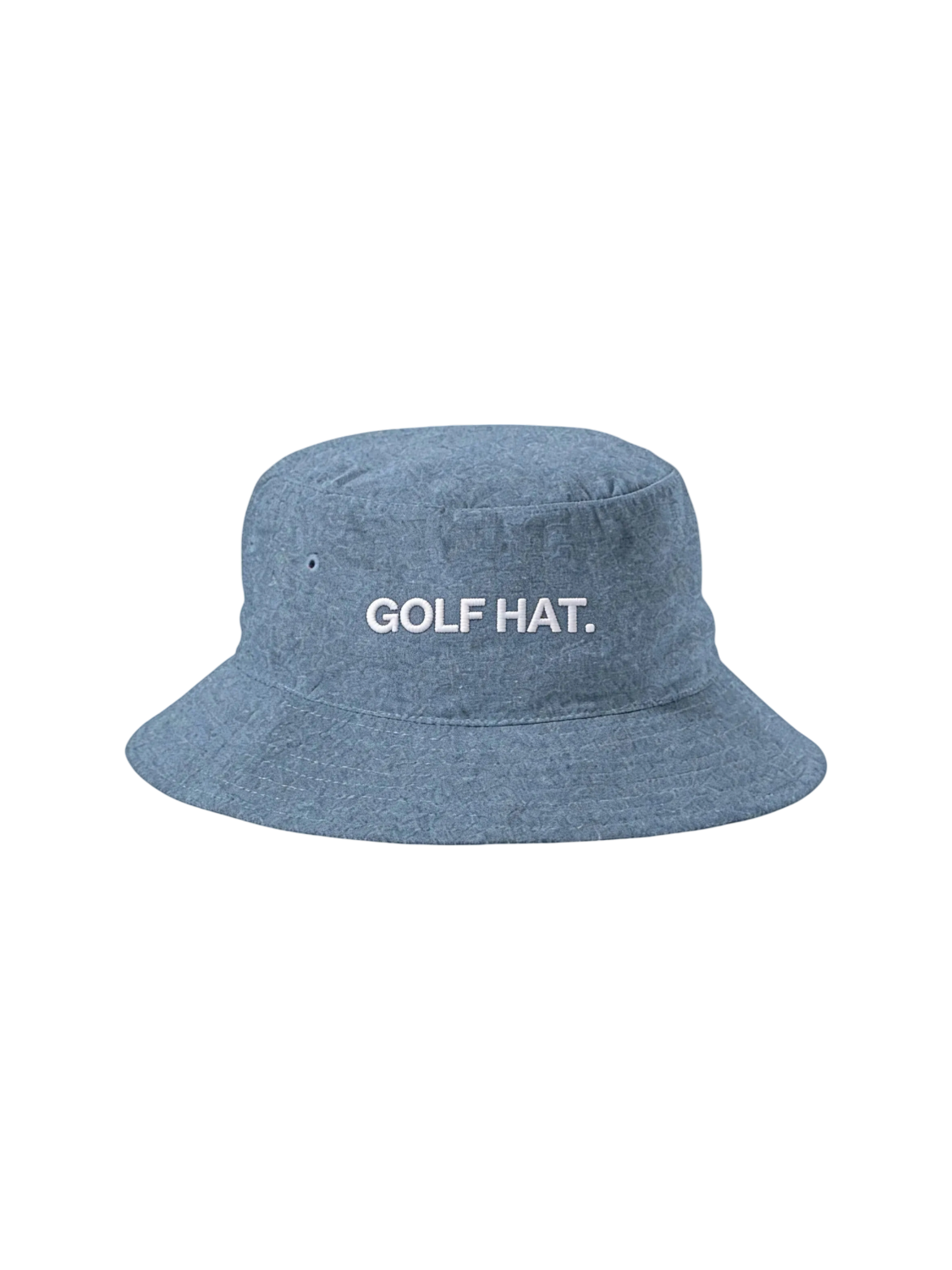 Blue bucket hat with 'GOLF HAT.' text on a white background
