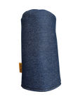 Blue denim knee pillow with a visible brand tag on a white background