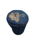 Blue golf club head cover with gold lion design and 'Good Lion Golf' text on a white background