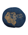 Blue denim golf ball marker with gold lion design and 'Good Lion Golf' text on a white background