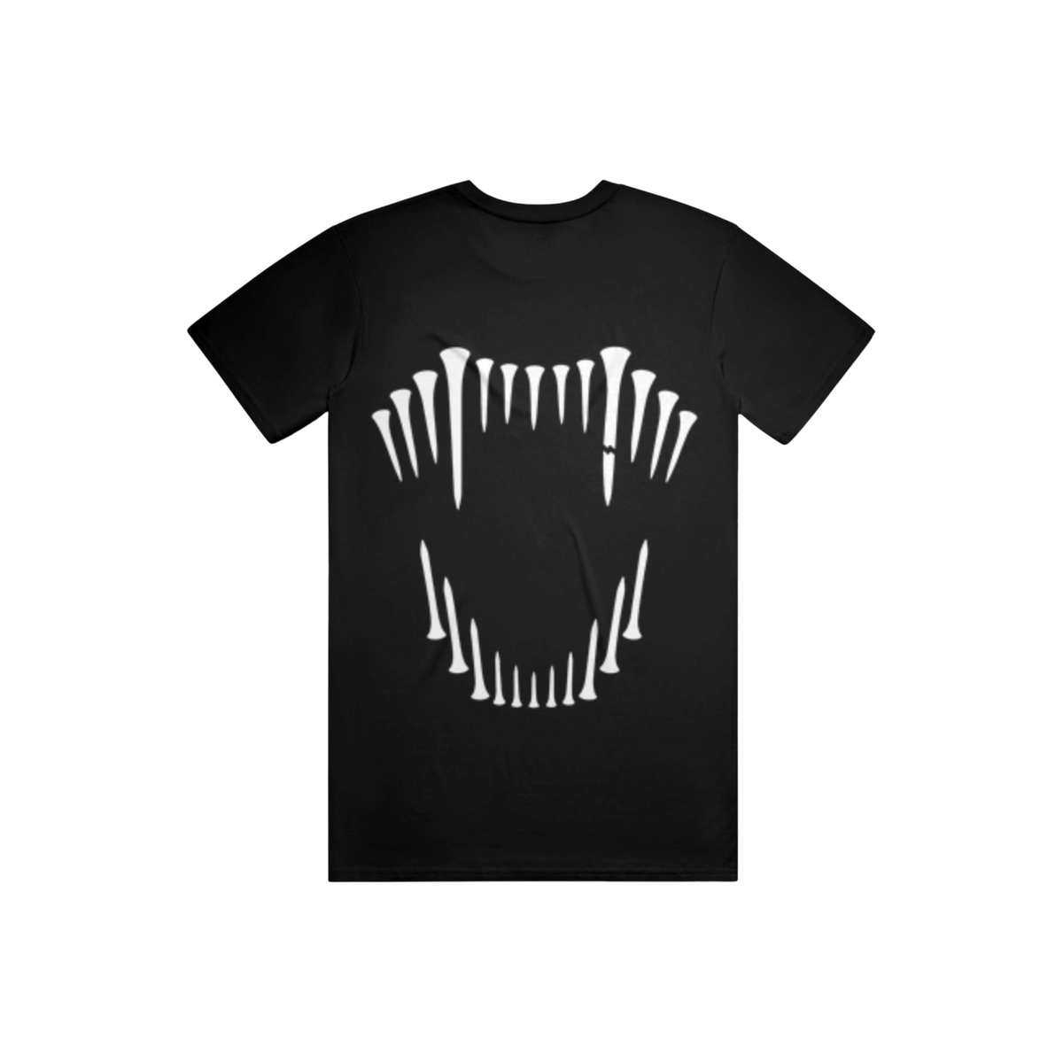 Black Good Lion Golf T-shirt with white golf tees arranged into fangs on the back