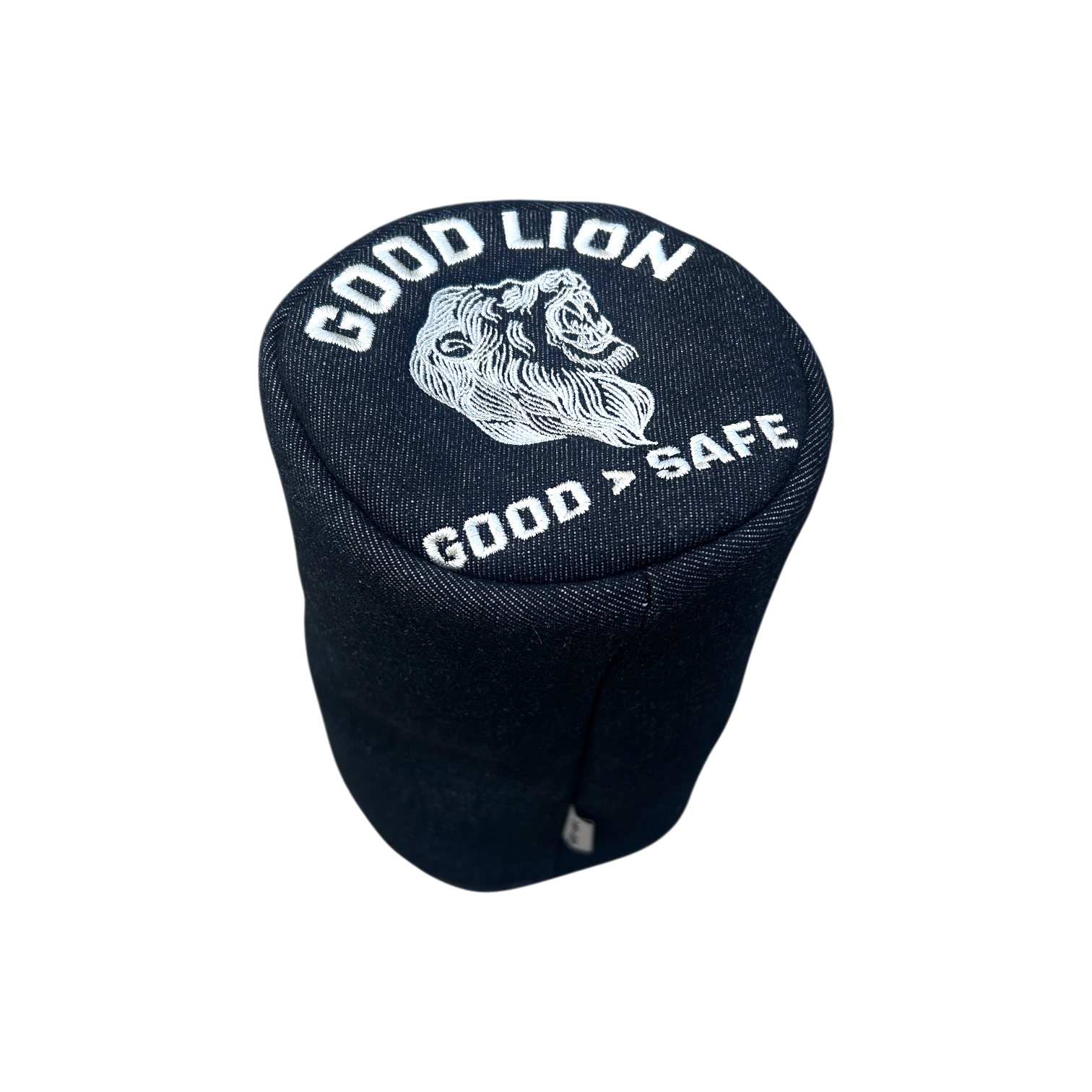 A black denim golf club headcover with a white embroidered lion graphic and the text 'GOOD LION' and 'GOOD SAFE' on top, shown on a plain white background.