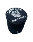 A black denim golf club headcover with a white embroidered lion graphic and the text 'GOOD LION' and 'GOOD SAFE' on top, shown on a plain white background.