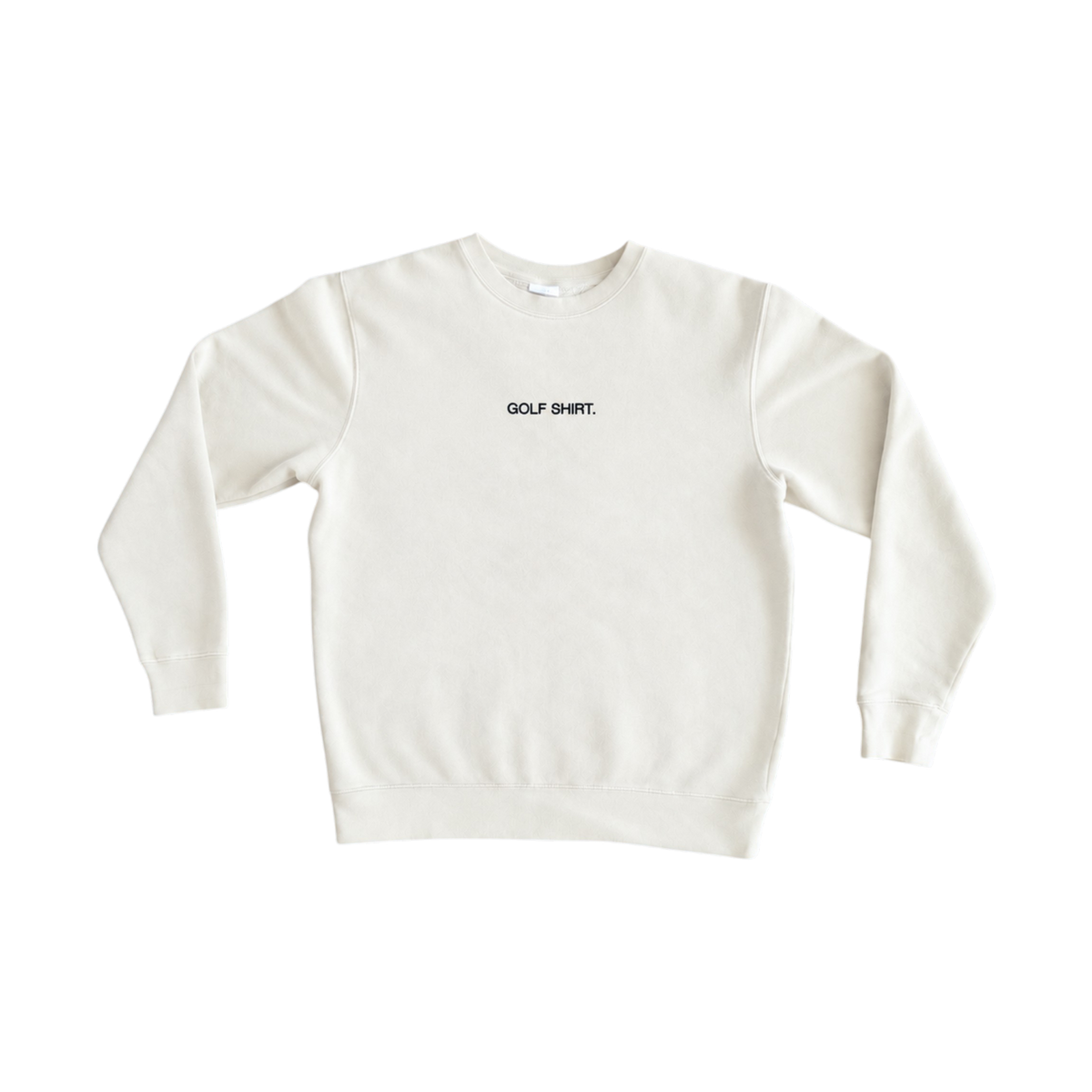 An off-white crewneck sweatshirt with the text 'GOLF SHIRT.' embroidered in black on the chest, displayed flat against a solid white background.
