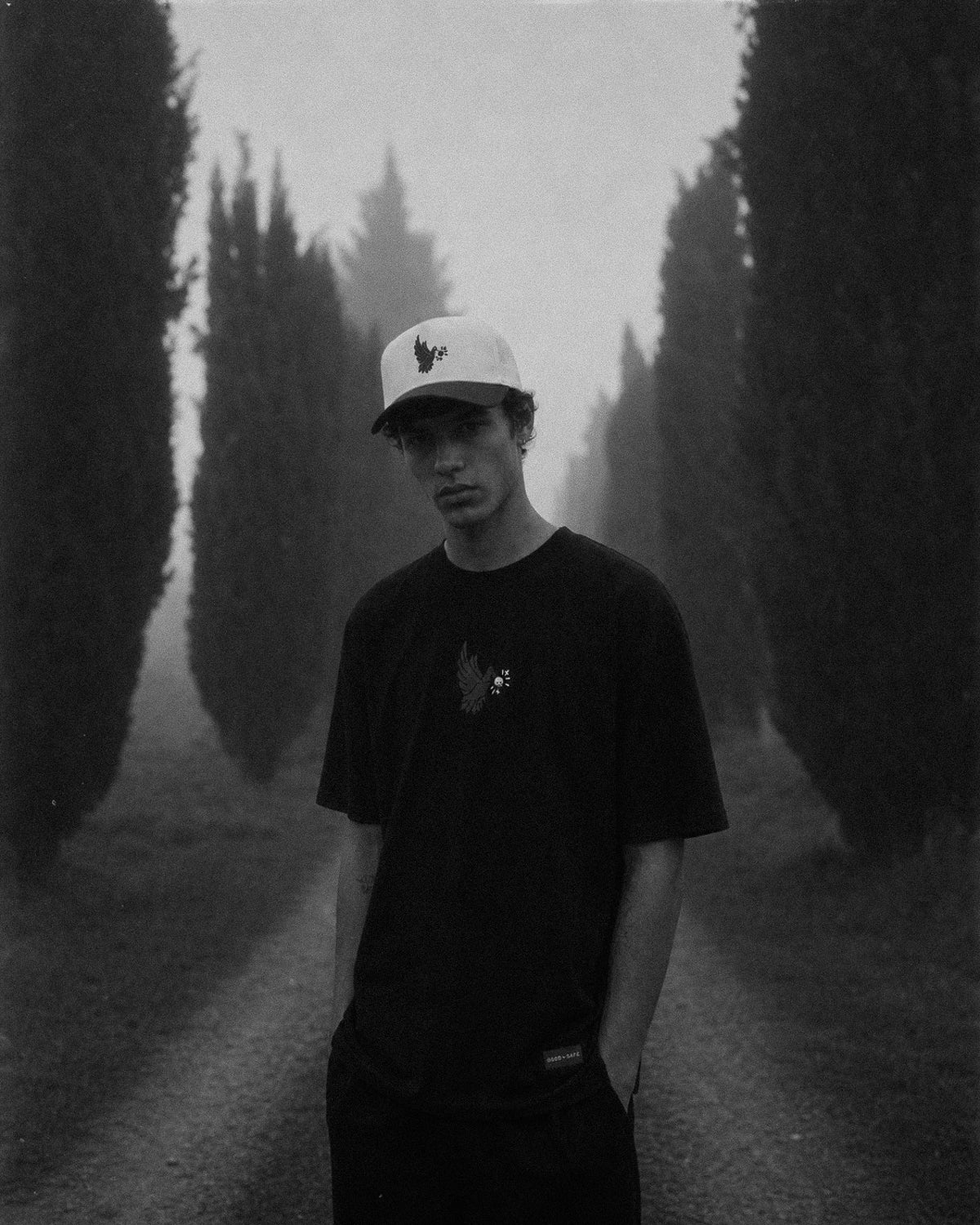 Person wearing a cap and black t-shirt standing in a foggy, tree-lined path