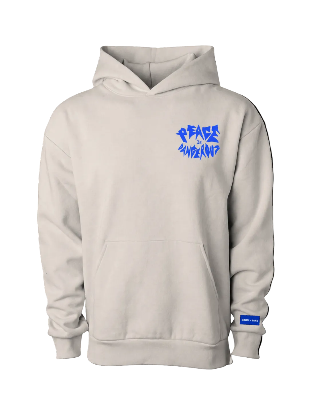 Beige hoodie with blue text on a black background
