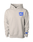Beige hoodie with blue text on a black background