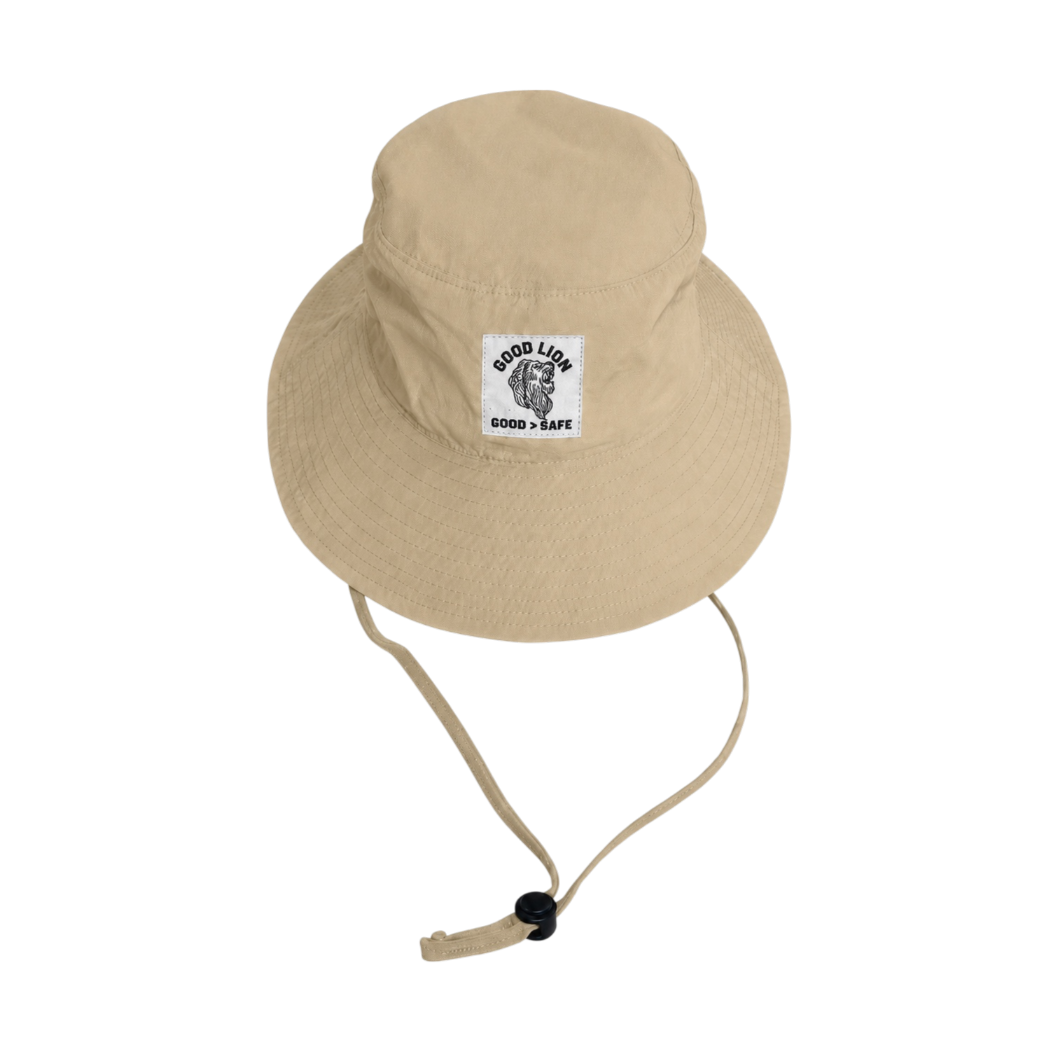 Beige bucket hat with a logo on a white background