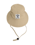 Beige bucket hat with a logo on a white background