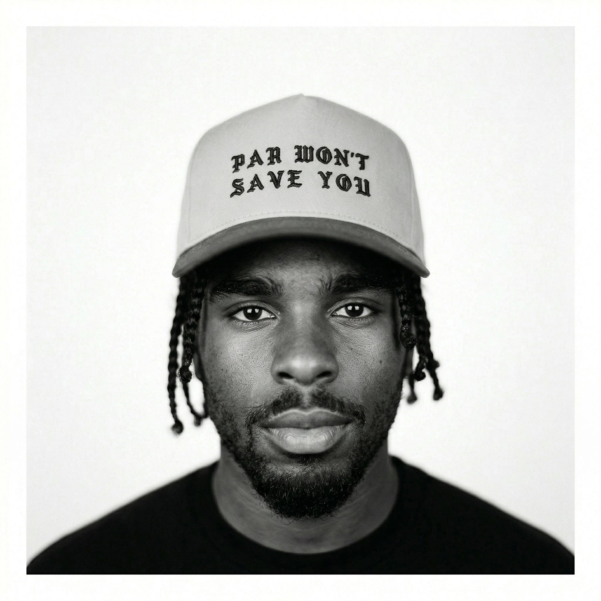 Man wearing a cap with text on a white background