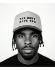 Man wearing a cap with text on a white background
