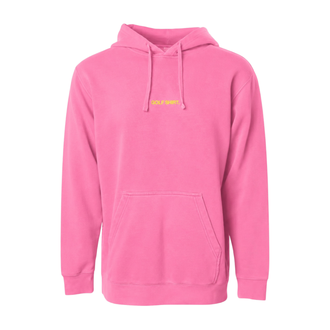 Pink hoodie with yellow text on a white background