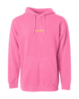 Pink hoodie with yellow text on a white background