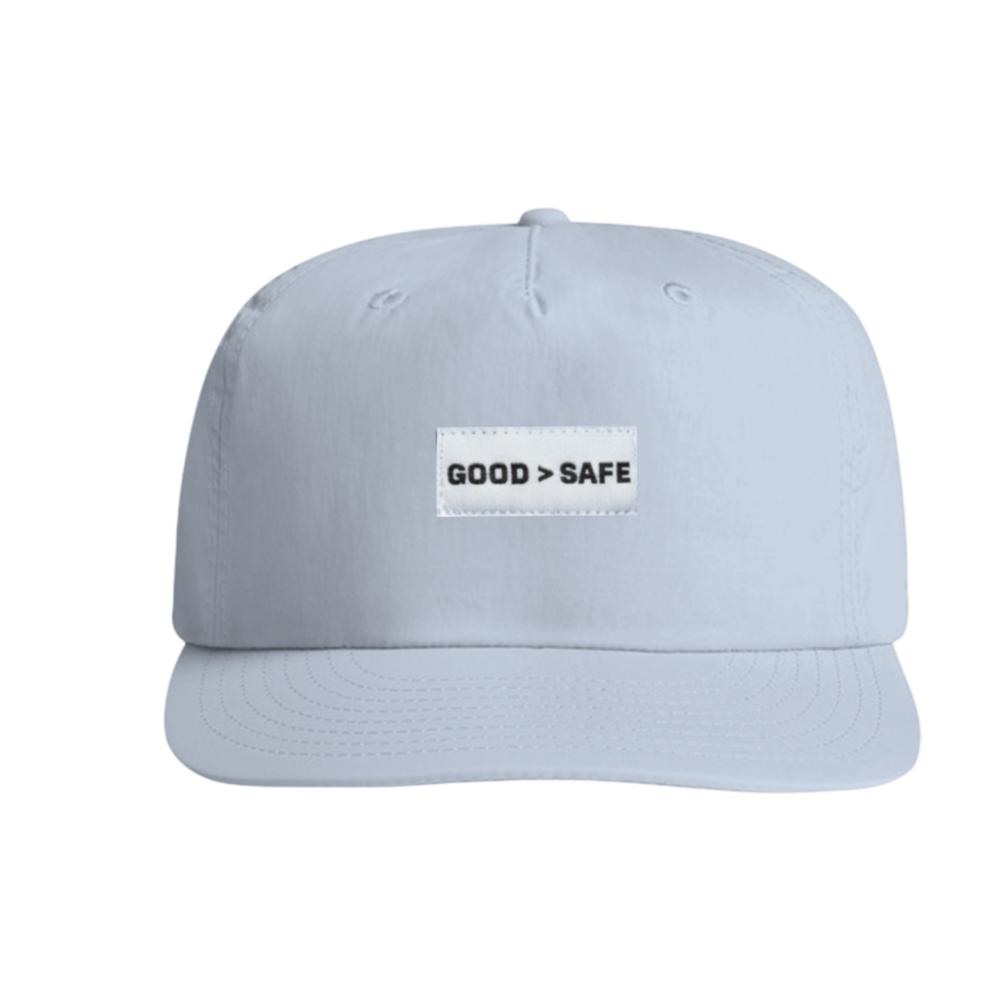 Light blue cap with 'GOOD > SAFE' patch on a white background