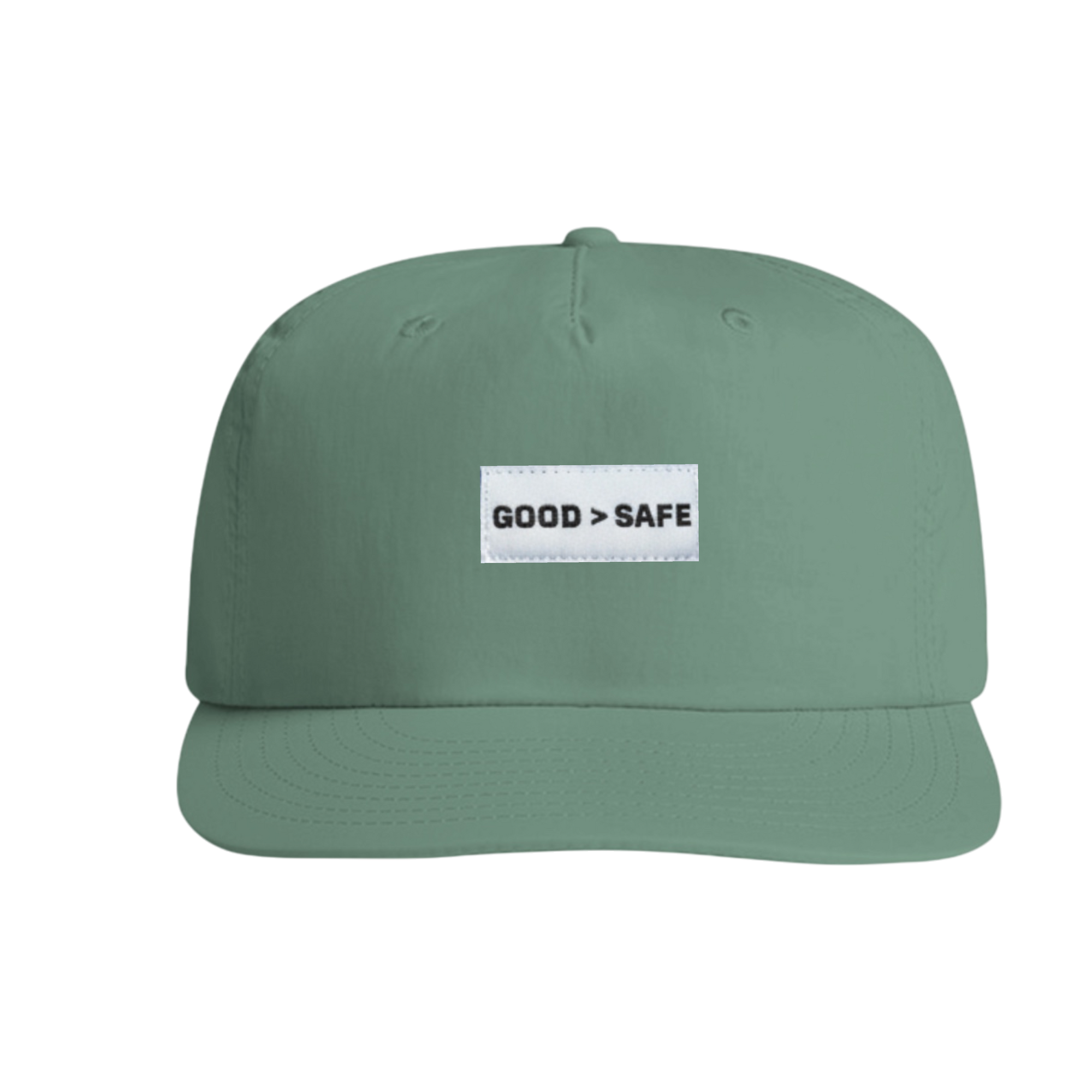 Green cap with a white patch displaying 'GOOD > SAFE' on a white background
