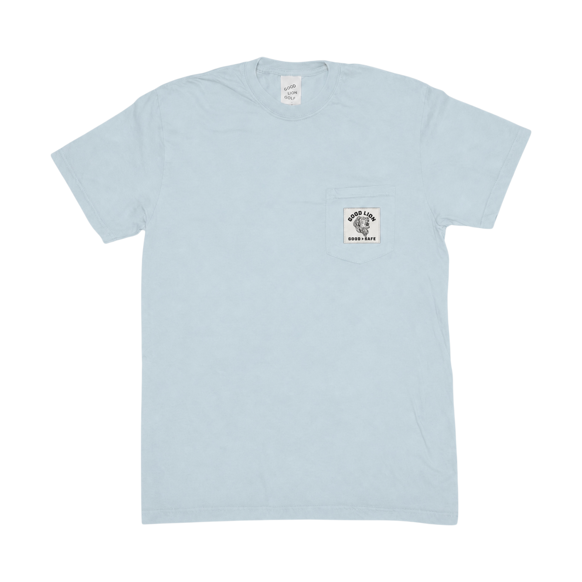 Light blue t-shirt with a small logo on the chest against a white background