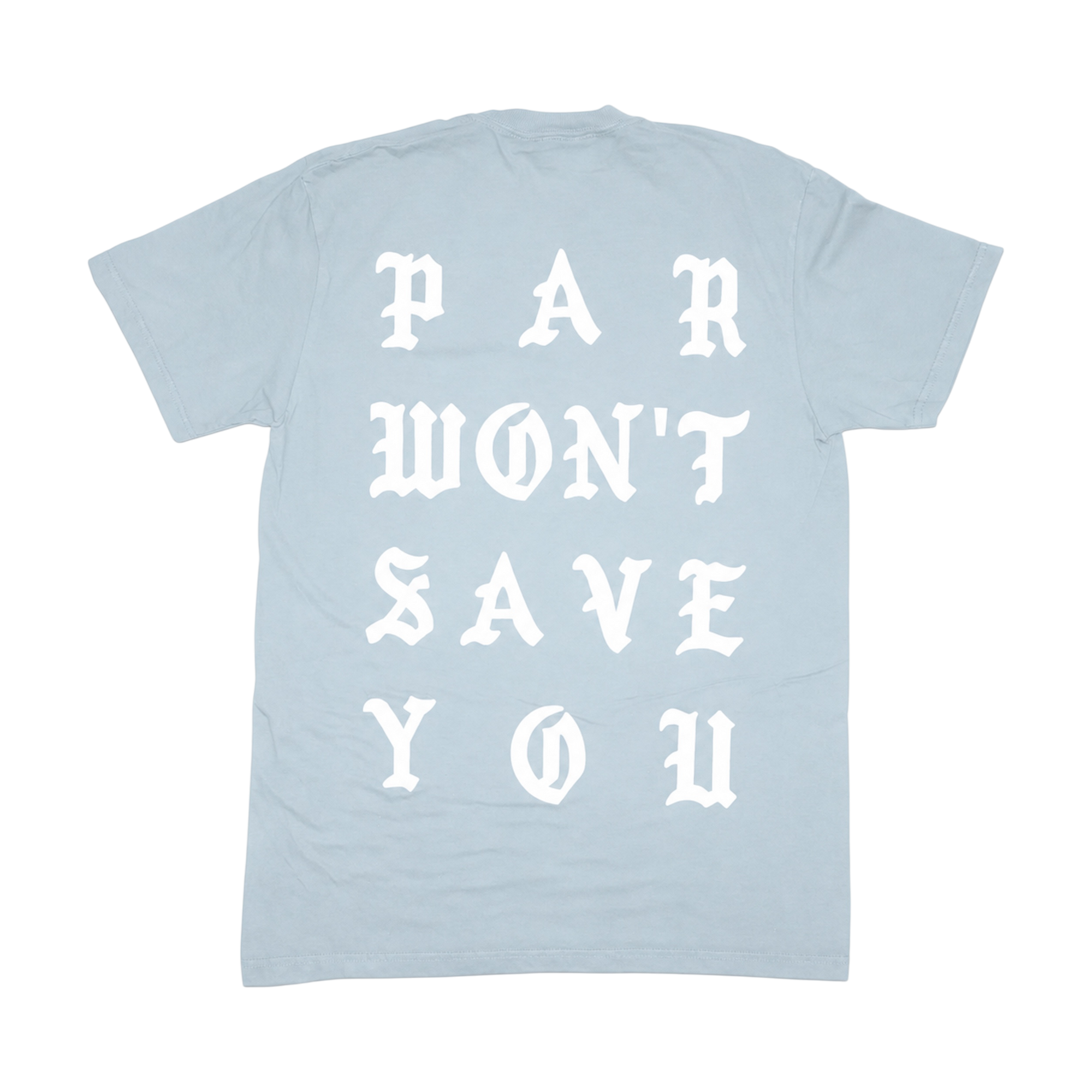 Light blue t-shirt with white text on a white background