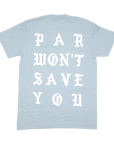Light blue t-shirt with white text on a white background
