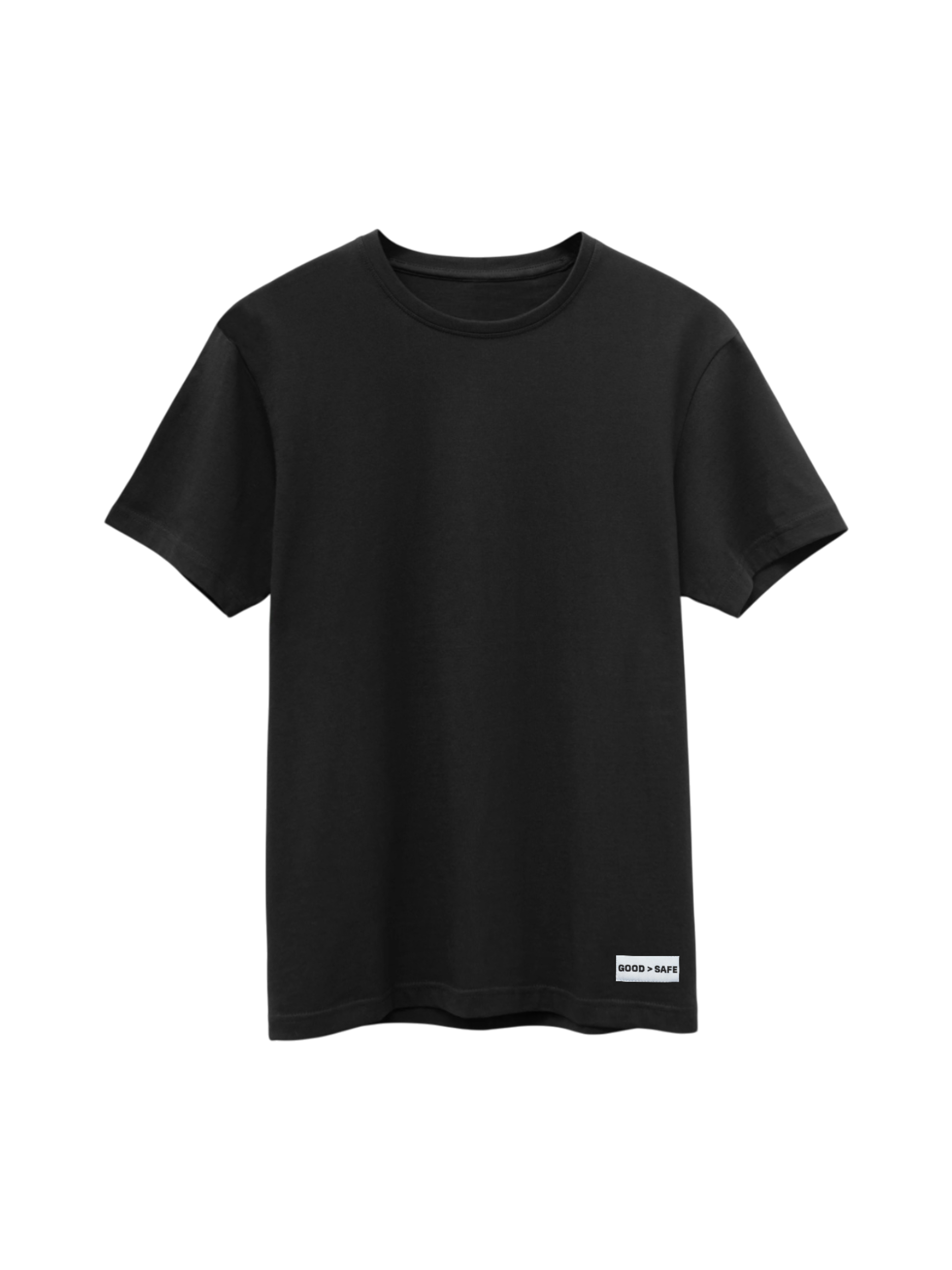 Black t-shirt with a brand label on a white background