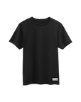 Black t-shirt with a brand label on a white background