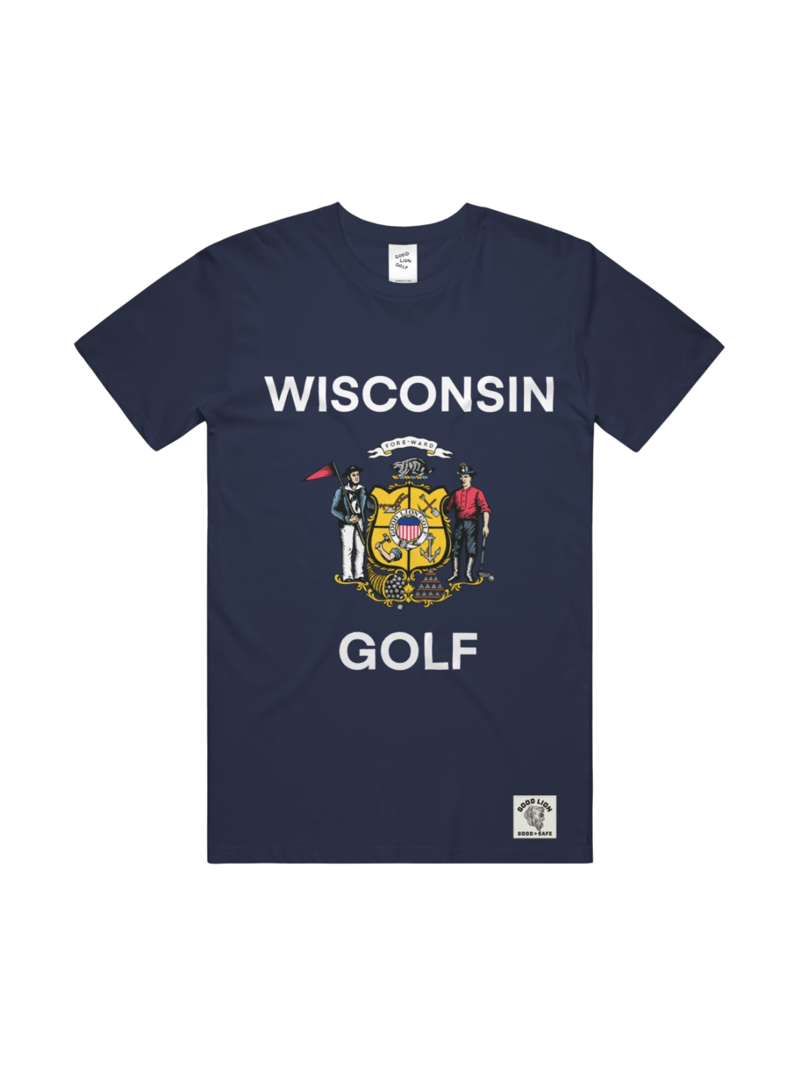 Navy blue t-shirt with 'Wisconsin Golf' text and emblem on a white background