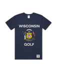 Navy blue t-shirt with 'Wisconsin Golf' text and emblem on a white background