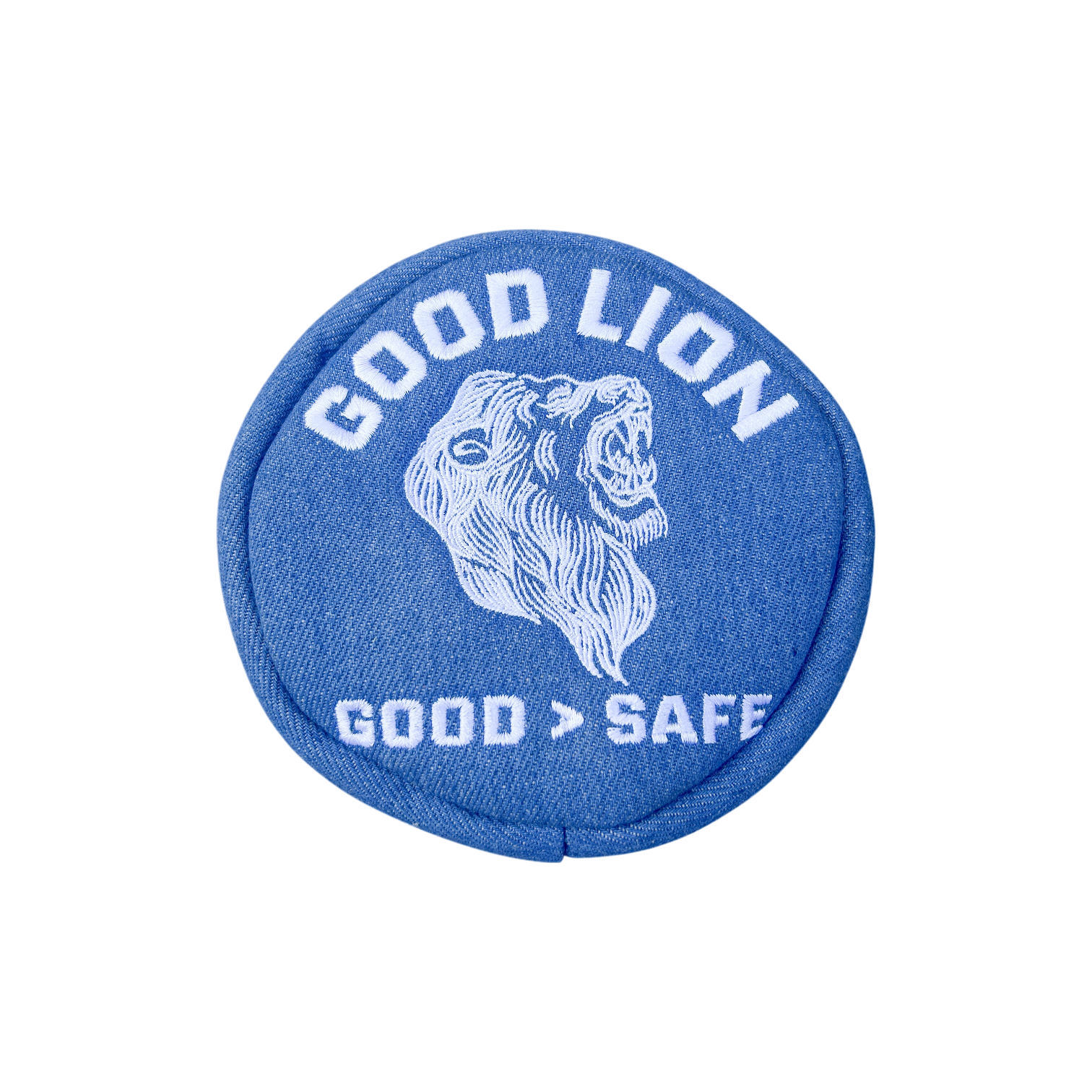 A circular blue fabric patch featuring a white embroidered lion head and the text 'GOOD LION' at the top and 'GOOD > SAFE' at the bottom, shown on a plain white background.
