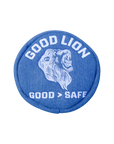 A circular blue fabric patch featuring a white embroidered lion head and the text 'GOOD LION' at the top and 'GOOD > SAFE' at the bottom, shown on a plain white background.