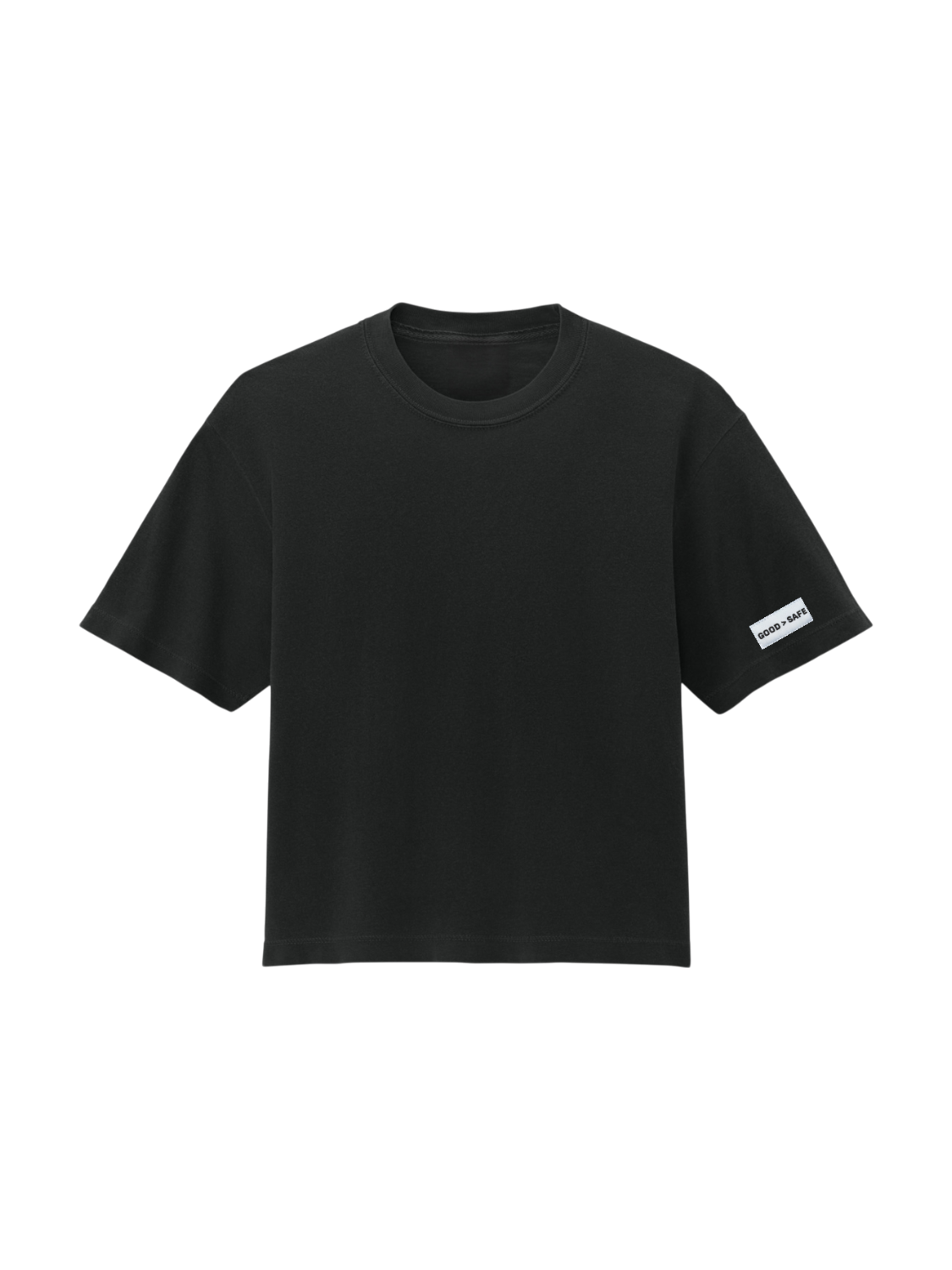 Black t-shirt with a brand logo on a white background
