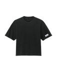 Black t-shirt with a brand logo on a white background