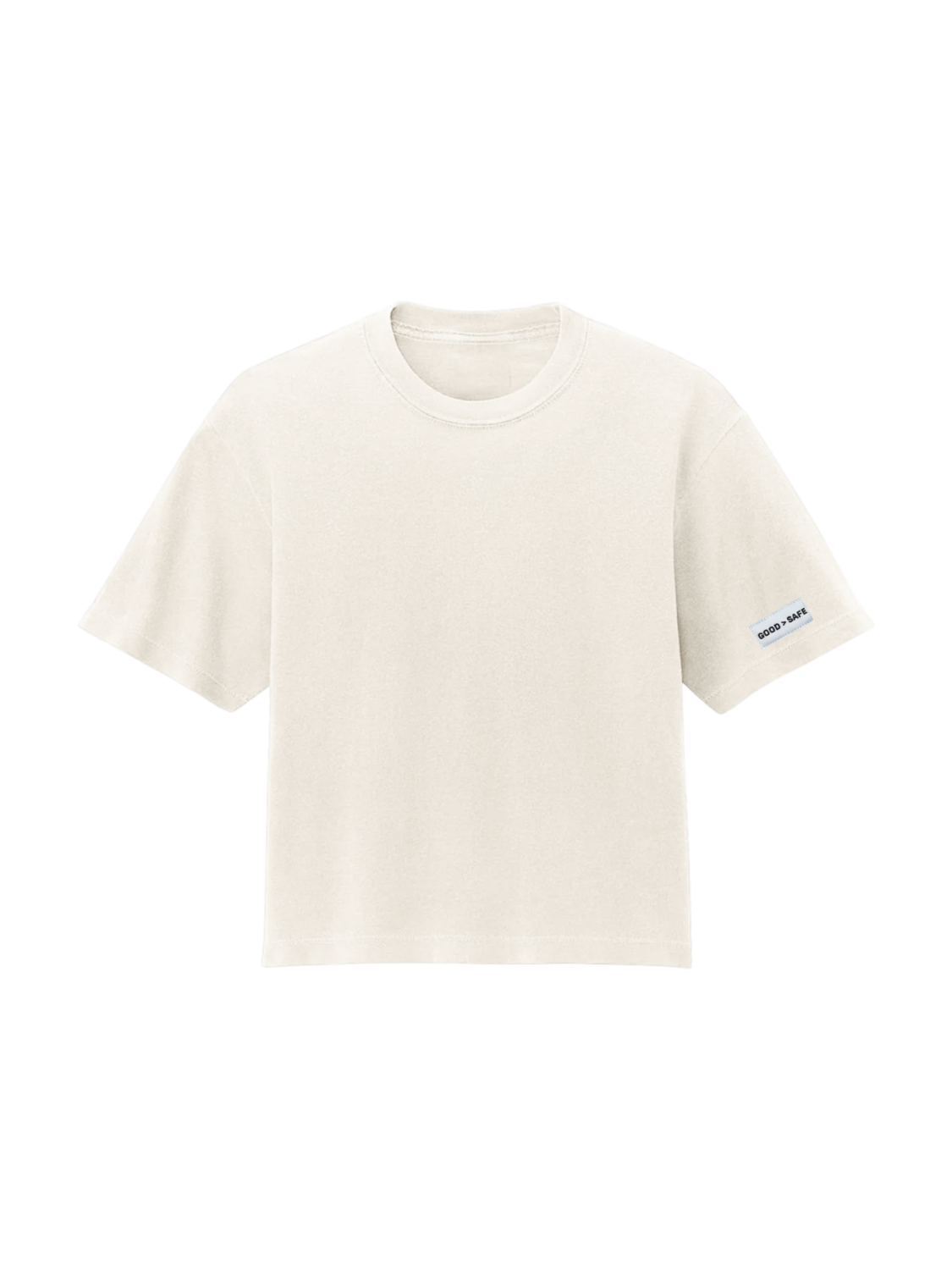 White t-shirt with a small logo on a white background