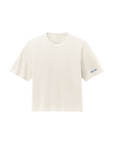 White t-shirt with a small logo on a white background